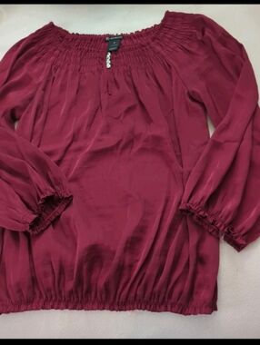 New Directions Blouse Ruffle at Neckline V Neck  Sheer Peplum Long Sleeve Small